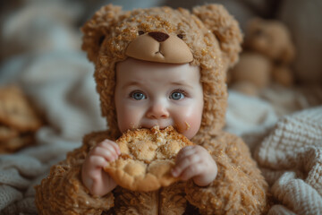 portrait of a child, baby, with teddy bear dress, eating a cake