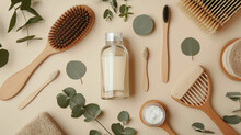 Eco Cosmetics Concept. Top View Photo Of Glass Dispenser Bottle Cream Jar Soap Hair Brush Eucalyptus Cotton Buds Toothbrushes And Wooden Stands On Isolated Beige Background