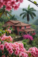 Poster - A tropical pink villa with pool surrounded by  green palm trees 