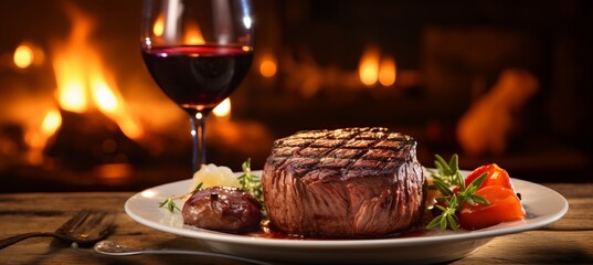 Juicy beef steak with a glass of red wine in a cozy atmosphere of an old restaurant