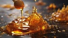 Zoom In On The Ultra-realistic Drip Of Honey, Capturing Its Slow Descent And Sticky, Golden Texture. - Generative AI