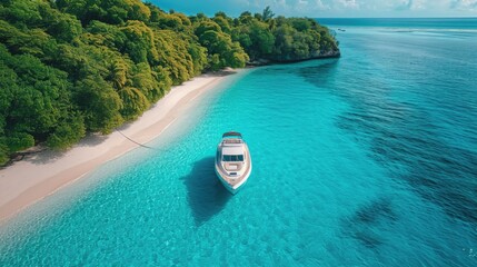 A boat is floating in the clear blue water