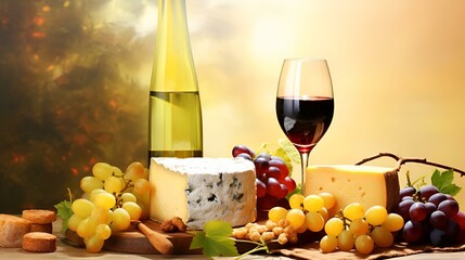 A sophisticated cheese board with assorted cheeses, crackers, grapes, bottle and a glass of red wine.
