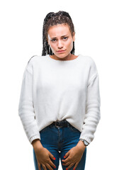 Poster - Young braided hair african american girl wearing winter sweater over isolated background depressed and worry for distress, crying angry and afraid. Sad expression.