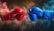 Red and blue boxing gloves clashing. Head-to-head confrontation and conflict.