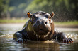 As the warm water pours down, the baby hippo playfully shakes its head, sending droplets flying in every direction. The steam rises around its small, wrinkled body, creating a dreamy, ethereal scene.