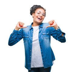 Sticker - Young braided hair african american girl wearing glasses over isolated background looking confident with smile on face, pointing oneself with fingers proud and happy.