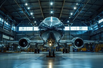 A young aircraft maintenance engineer works in an empty large jet's interior