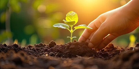 Nurturing nature future. Child hopeful act of planting small seedling embracing concept of environmental sustainability and eco friendly agriculture to care for green earth one sprout at time