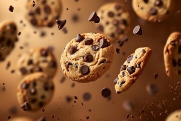 Chocolate chip cookies flying against a plain background. AI generative