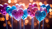 Bunch of lollypops in shape of heart, festive lights bokeh background
