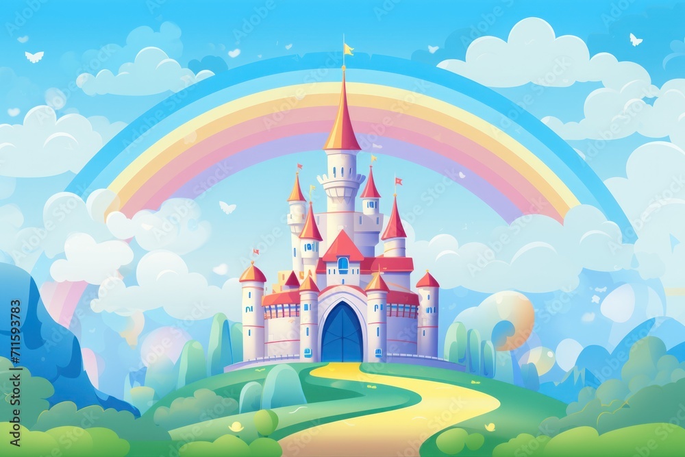 Hand drawn fairytale background. a cartoon castle on the hill with ...