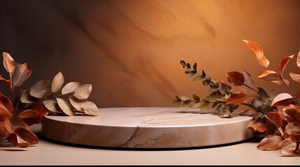 Wall Mural - Marble brown autumn leaves stage podium mockup