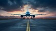 Ready for departure, Airplane prepares for takeoff on airport runway, front view, horizontal wallpaper.