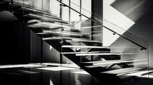 High-contrast, Black And White Photo Of A Contemporary Staircase With Glass Sides, The Sharp Lines Creating A Modernist Aesthetic