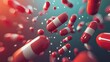 A 3D render of various colorful capsules and pills suspended in mid-air against a vibrant blue background with soft cloud shapes, representing healthcare, medicine, and pharmaceutical concepts.