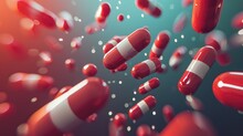 A 3D Render Of Various Colorful Capsules And Pills Suspended In Mid-air Against A Vibrant Blue Background With Soft Cloud Shapes, Representing Healthcare, Medicine, And Pharmaceutical Concepts.