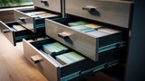 Fototapeta  - Modern office storage with a single file cabinet drawer ajar, revealing neatly arranged documents