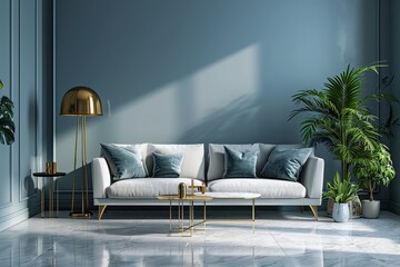 Scandinavian interior of living room concept, light gray sofa with gold lamp on white flooring and blue wall,3d rendering