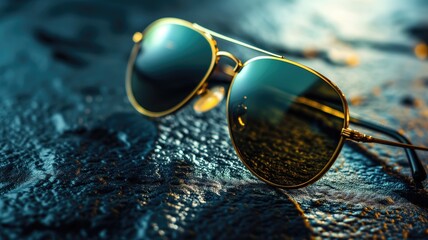 Poster - Aviator sunglasses reflecting sunlight on a dark surface