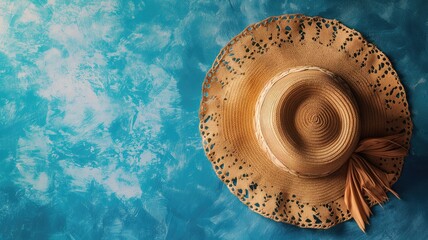 Wall Mural - Lace-edged straw hat on turquoise background