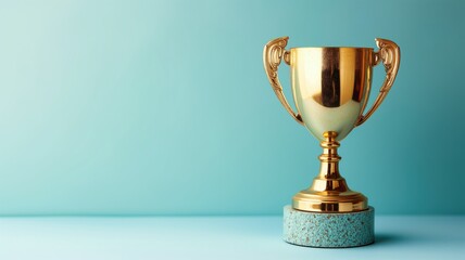 Wall Mural - Golden trophy on a blue background with textured base