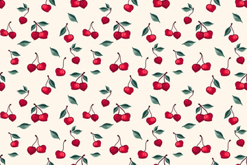 Wall Mural - Seamless artistic stylized creative cherries pattern. Summer berries, fruits, leaves on a light background. Vector hand drawn sketch abstract, simple cherry. Design ornament for fabric, textile