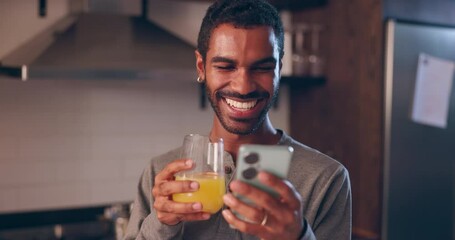 Poster - man, phone and glass of juice in home, night and smile for texting, communication or funny meme on w