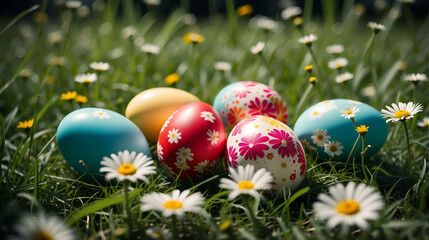 Wall Mural - Easter eggs with a print of daisies lie in the green grass