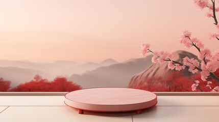 Wall Mural - Sakura pink japanese foggy mountain stage podium mockup