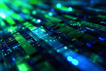 Macro shot of a circuit board with blue and green lights