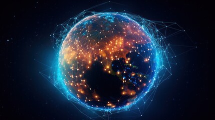 Digital data network conveying global abstract illustration of a scientific technology data network surrounding planet earth conveying connectivity