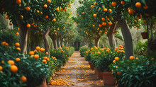 Bloomy Orange Garden In Valencia. Spain. Generative Ai
