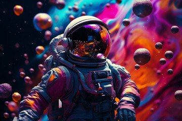 Wall Mural - Generative AI picture of astronaut spaceman woman do space walk working space station in outer space futurism