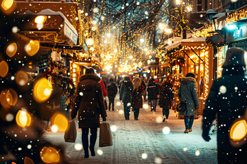 Shoppers walk on a snowy street adorned with festive Christmas lights, conveying a warm holiday atmosphere.