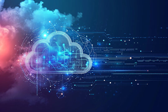 Stylized cloud symbol with digital connections on blue background