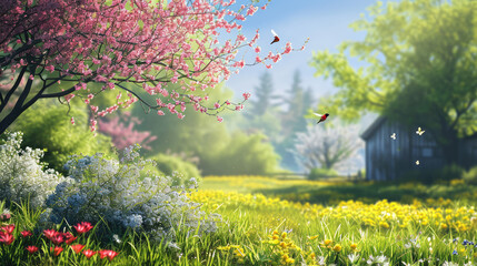Wall Mural - Summer backyard with vibrant wildflowers and warm sunlight with copy space