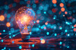 Glowing light bulb on tech surface with bokeh background