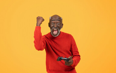 Wall Mural - Excited elderly African American man with a beard wearing a red sweater triumphantly