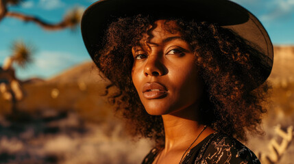 Wall Mural - A woman with dark curly hair and a black hat against a desert background. Close-up, space for text.