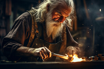 Wall Mural - Portrait of strong blacksmith in smithy made with generative ai