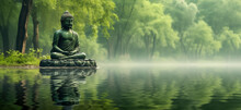 Buddha Statue In The Forest With Sunlight. Nature Background.