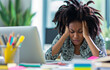 Frau sitzt im Büro mit Kopfschmerzen vor dem Computer, im Stil des afro-karibischen Einflusses.
