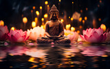 Fototapeta  - Buddha statue with flowers and leafs on light background.