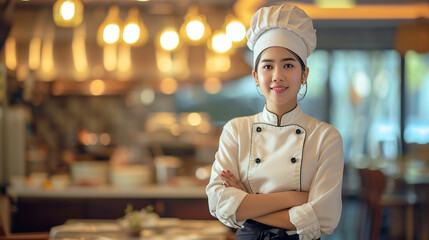 potrait woman chef in restaurant background