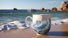 A Beautiful Sea Shore Crafted On Mug - Generative AI