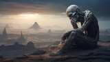 Fototapeta Kosmos - A desperate alien sits in the water on an empty, mountainous planet