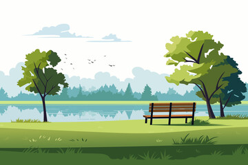 Landscape of a beautiful park. Wooden bench on the shore of the lake, green grass, trees, reflections in the lake, birds against the backdrop of a beautiful sky and clouds.