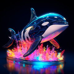 Toy arte de baleia orca, saindo do agua, simulação da agua feia em tons neons. 3D concept design illustration.