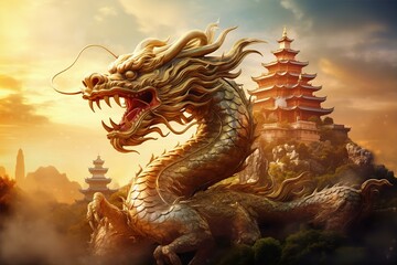 Wall Mural - the dragon statue standing in front of the pagoda building in China